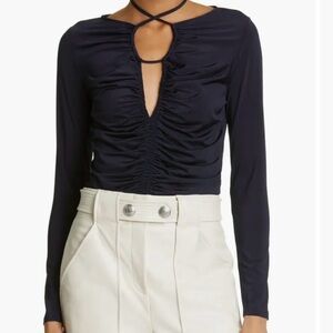 Veronica Beard Rogue Ruched Tie Back Top Navy 4